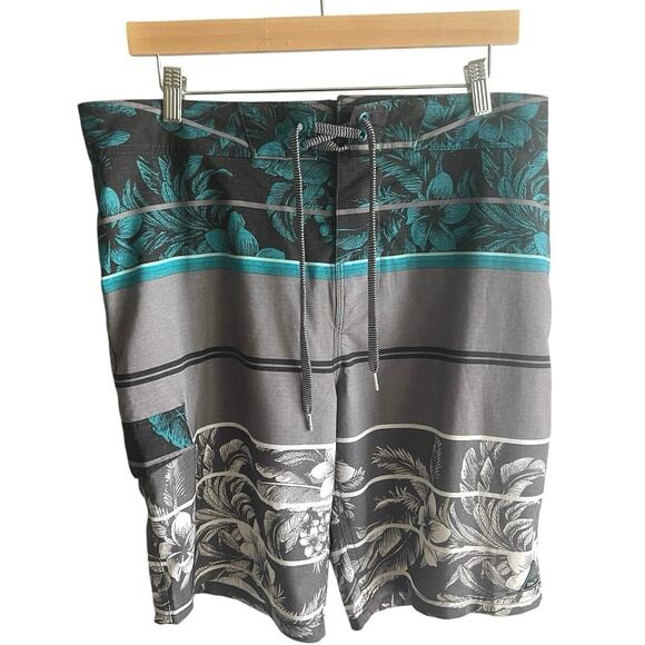 Trinity Boardshorts 34 Gray Floral Tropical Stripe Swim Surf Beach Trunks Pool‎ - Picture 1 of 7